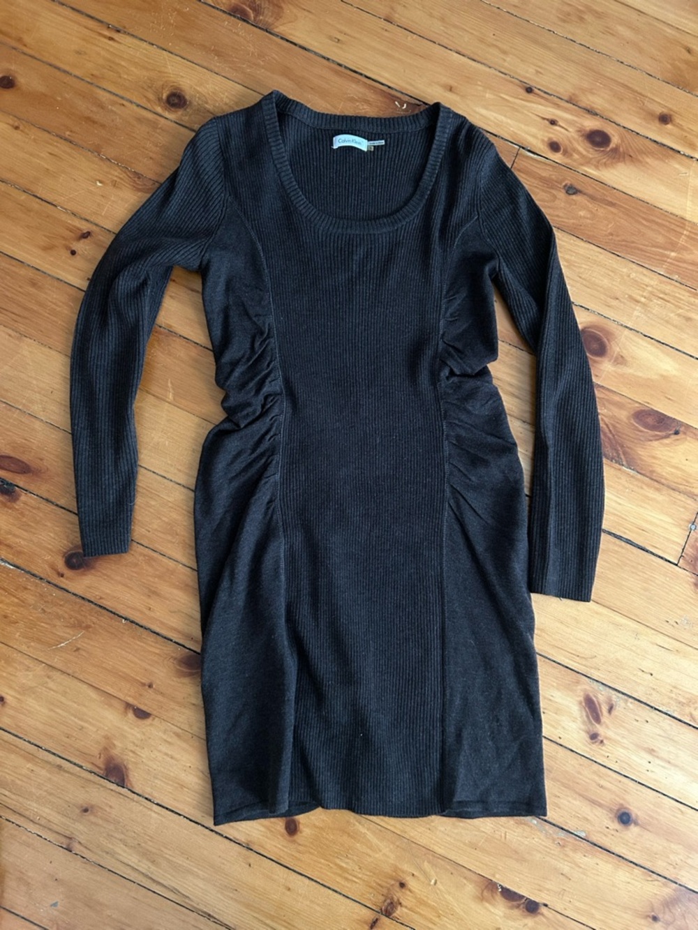 ☀️3/$25 Calvin Klein brown bodycon ruched knit long sleeve dress sweater small